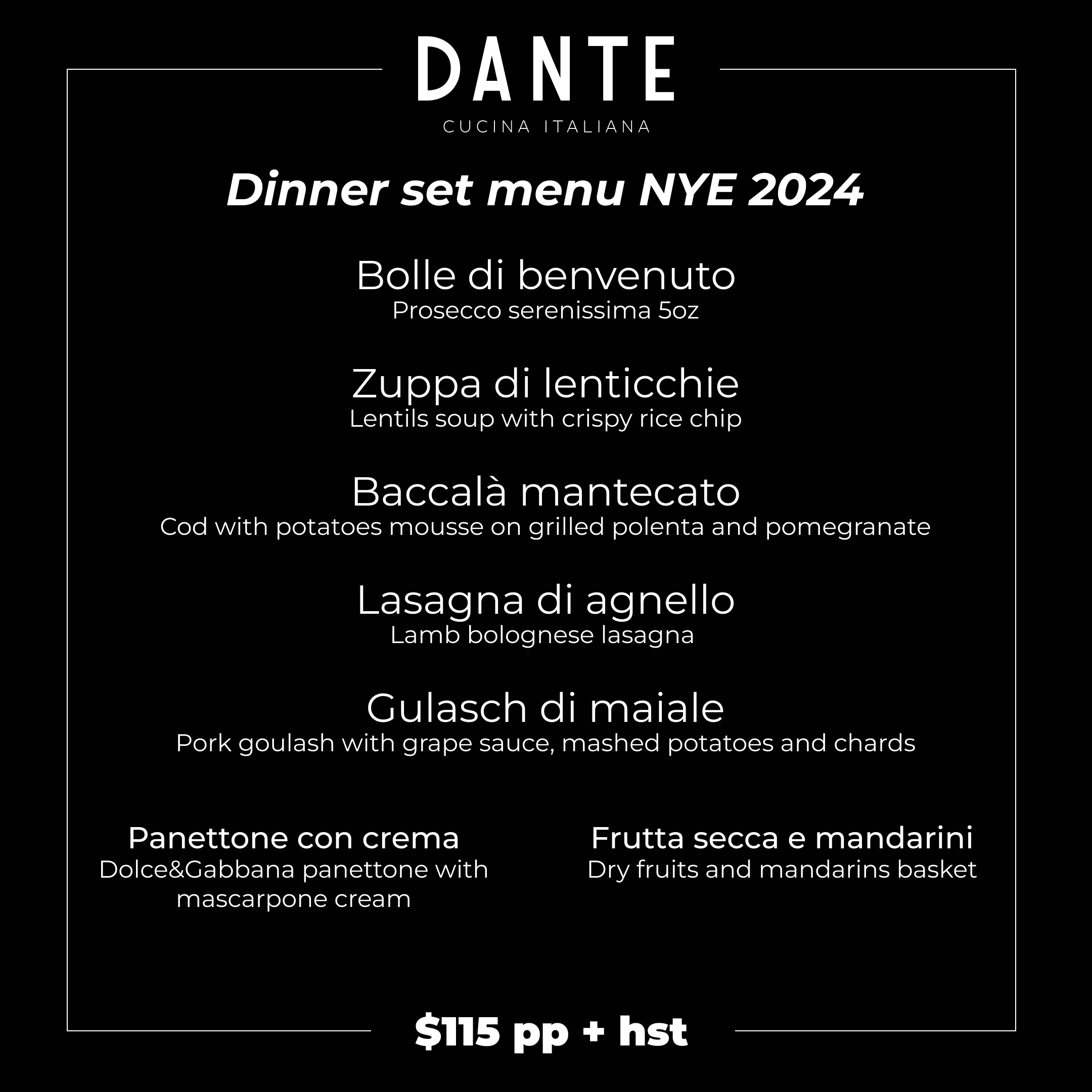 Dante Dinner Menu NYE 2024