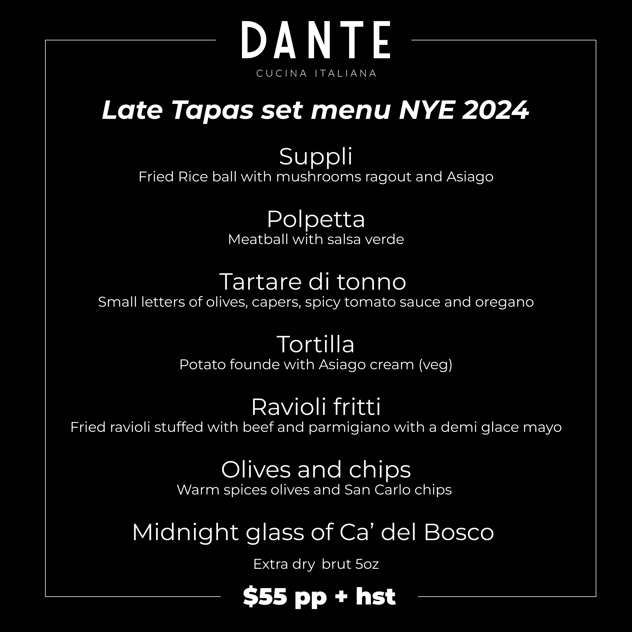 Dante NYE Tapas Menu